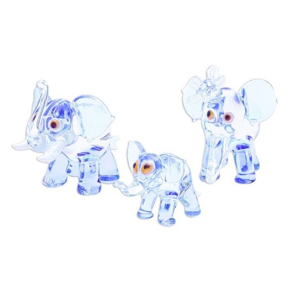 Alternate image for Set of 3 Handblown Elephant Family Glass Figurines in Blue Giant Family in Blue