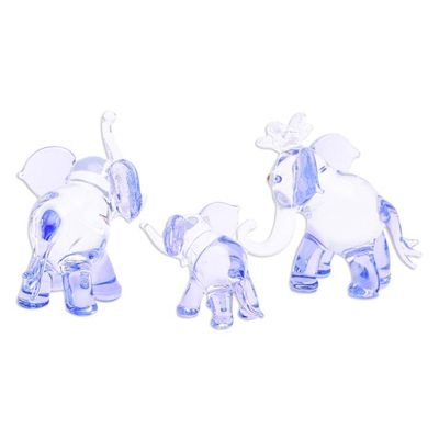 Alternate image for Set of 3 Handblown Elephant Family Glass Figurines in Blue Giant Family in Blue