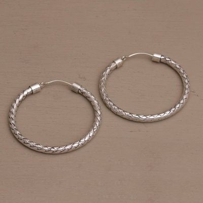 Alternate image for Sterling Silver 1.25 Inch Hoop Earrings with Woven Design Celuk Circles
