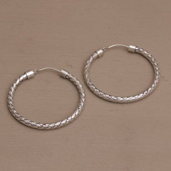 Alternate image for Sterling Silver 1.25 Inch Hoop Earrings with Woven Design Celuk Circles