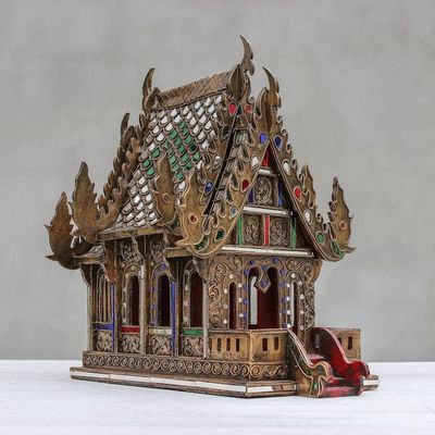 Alternate image for Wood and Glass Spirit House Handcrafted in Thailand 16 in. Lanna Temple