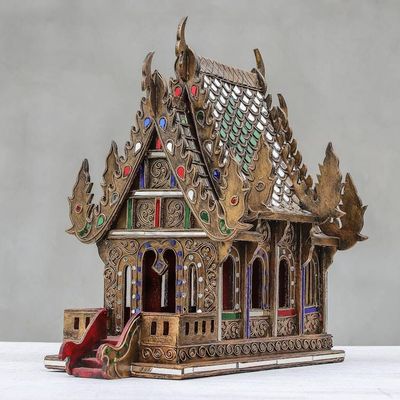Alternate image for Wood and Glass Spirit House Handcrafted in Thailand 16 in. Lanna Temple