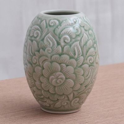 Alternate image for Green Celadon Ceramic Vase Thai Peony