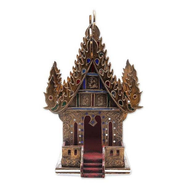 Alternate image for Wood and Glass Spirit House Handcrafted in Thailand 16 in. Lanna Temple