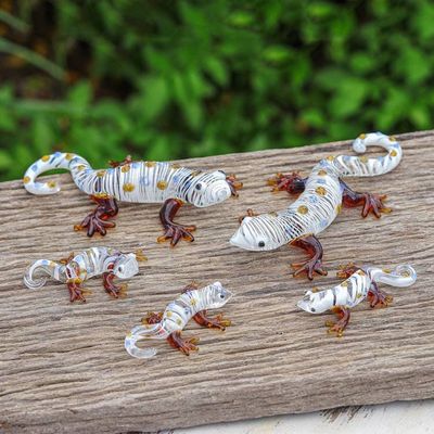 Primary image for Set of 5 Handblown Glass Gecko Figurines in Warm Hues Gecko Gathering