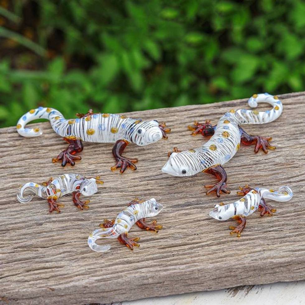 Set of 5 Handblown Glass Gecko Figurines in Warm Hues 'Gecko Gathering'