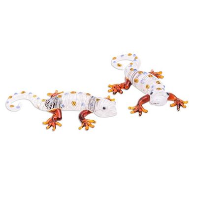 Alternate image for Set of 5 Handblown Glass Gecko Figurines in Warm Hues Gecko Gathering