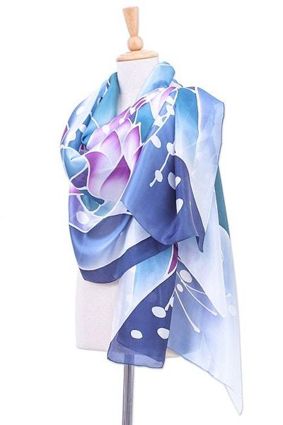 Alternate image for Silk and Rayon Watercolor Batik Shawl from Thailand Violet Lotus