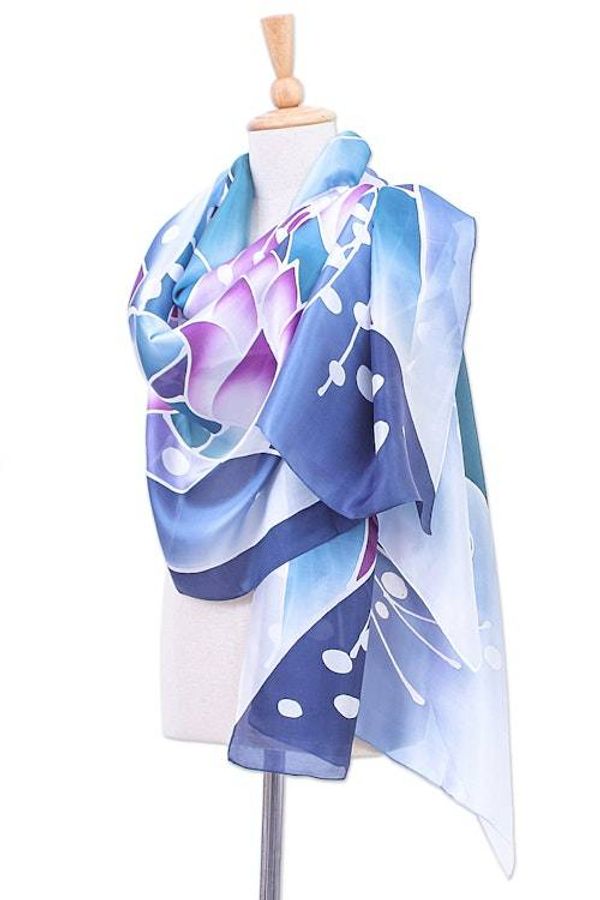 Alternate image for Silk and Rayon Watercolor Batik Shawl from Thailand Violet Lotus