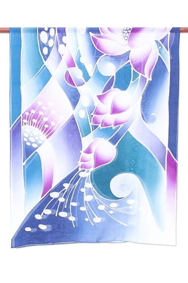 Alternate image for Silk and Rayon Watercolor Batik Shawl from Thailand Violet Lotus