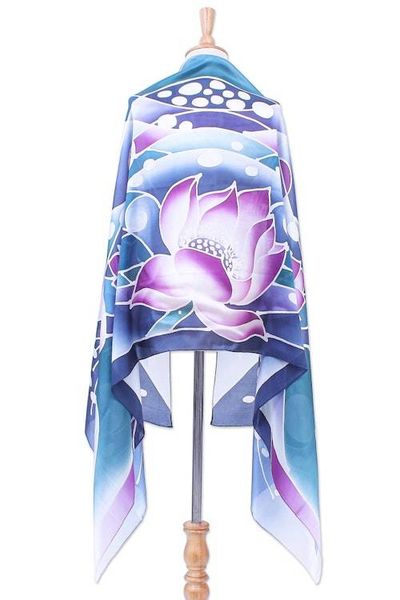 Alternate image for Silk and Rayon Watercolor Batik Shawl from Thailand Violet Lotus