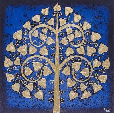 Alternate image for Signed Thai Bo Tree Painting in Dark Blue with Golden Foil Blue Night Sacred Tree