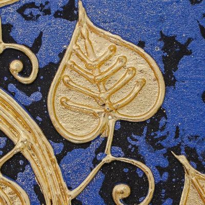 Alternate image for Signed Thai Bo Tree Painting in Dark Blue with Golden Foil Blue Night Sacred Tree