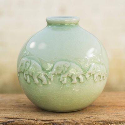 Alternate image for Round Celadon Ceramic Elephant Vase with Glazed Finish Jade Elephant Parade