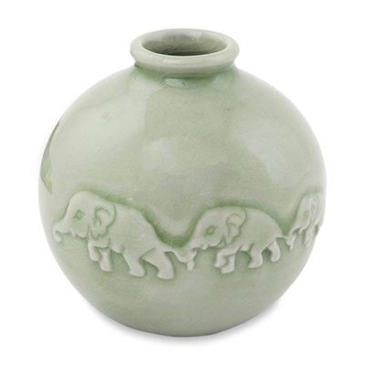 Alternate image for Round Celadon Ceramic Elephant Vase with Glazed Finish Jade Elephant Parade