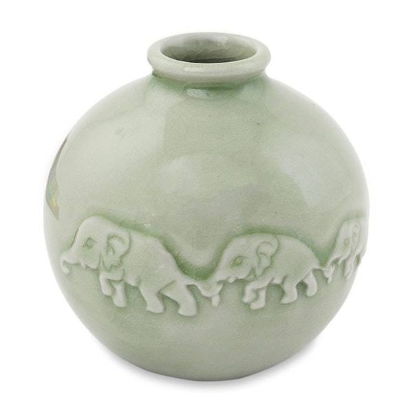 Alternate image for Round Celadon Ceramic Elephant Vase with Glazed Finish Jade Elephant Parade