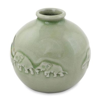 Alternate image for Round Celadon Ceramic Elephant Vase with Glazed Finish Jade Elephant Parade