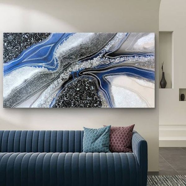 Alternate image for Geode Painting Large Royal Blue Black Resin Geode Abstract Marble Agate Original Art 24x48 Modern Wall Decor Signed