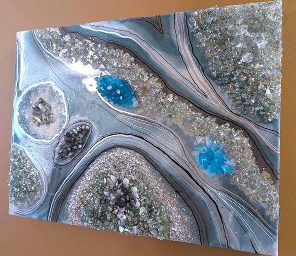 Alternate image for Ocean Green Resin Quartz Geode Painting | Abstract Moss Agate Original Art | Modern Contemporary Wall Decor Hanging Teal Artwork 18 x 24