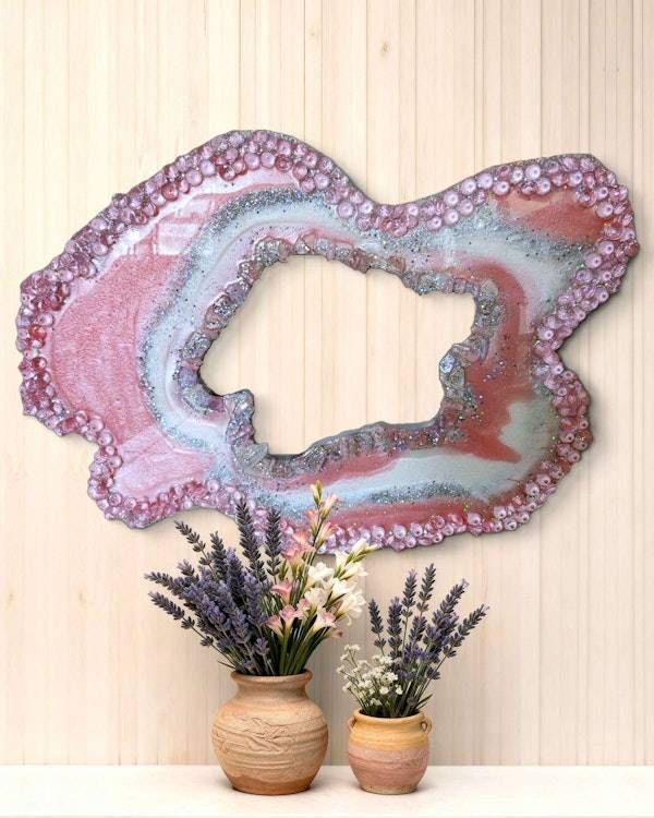 Alternate image for Large Light Pink Resin Geode Freeform Sculpture Painting | Aura Quartz Sea Glass Glitter Irregular Agate Original Signed Art 30