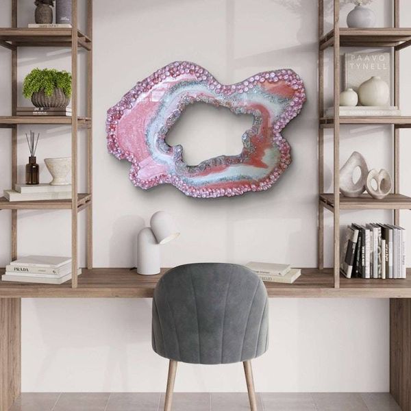 Alternate image for Large Light Pink Resin Geode Freeform Sculpture Painting | Aura Quartz Sea Glass Glitter Irregular Agate Original Signed Art 30