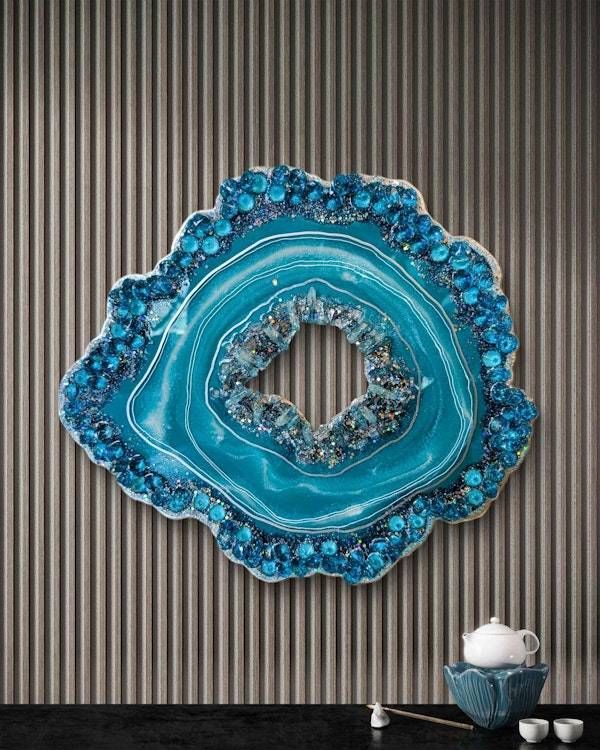 Alternate image for Turquoise Resin Geode Freeform Sculpture Painting | Aura Quartz Teal Blue Green Ocean Coastal Irregular Agate Original Signed Art 18 New