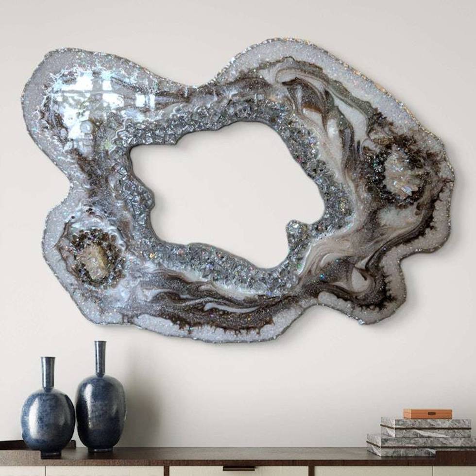 Large Brown Marble Resin Geode Freeform Sculpture Painting | Aura Quartz Glitter Irregular Neutral White Agate Original Signed Art 30"