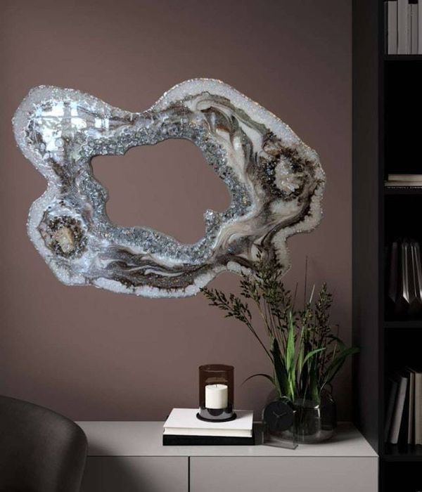 Alternate image for Large Brown Marble Resin Geode Freeform Sculpture Painting | Aura Quartz Glitter Irregular Neutral White Agate Original Signed Art 30