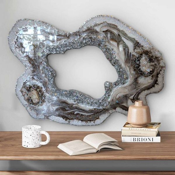 Alternate image for Large Brown Marble Resin Geode Freeform Sculpture Painting | Aura Quartz Glitter Irregular Neutral White Agate Original Signed Art 30