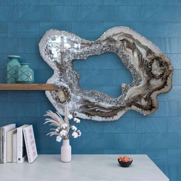 Alternate image for Large Brown Marble Resin Geode Freeform Sculpture Painting | Aura Quartz Glitter Irregular Neutral White Agate Original Signed Art 30