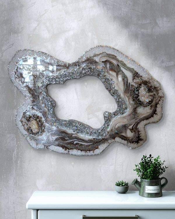Alternate image for Large Brown Marble Resin Geode Freeform Sculpture Painting | Aura Quartz Glitter Irregular Neutral White Agate Original Signed Art 30