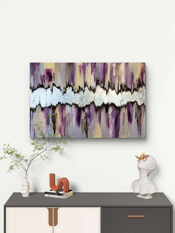 Alternate image for Lunar Rift | Original Silver Leaf Abstract Painting | Canvas Modern Wall Art | Purple Violet Cream Champagne Brown Signed Texture Artwork