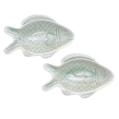 Alternate image for Pair of Celadon Ceramic Fish-Shaped Snack Plates in Green Catch of the Day