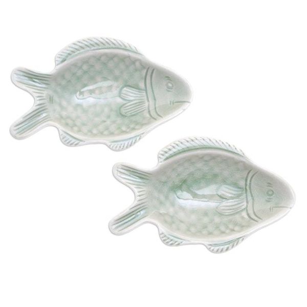 Alternate image for Pair of Celadon Ceramic Fish-Shaped Snack Plates in Green Catch of the Day