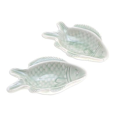 Alternate image for Pair of Celadon Ceramic Fish-Shaped Snack Plates in Green Catch of the Day