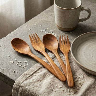 Primary image for Wood Serving Utensil 4 Piece-Set with Forks and Spoons Dinner Delight