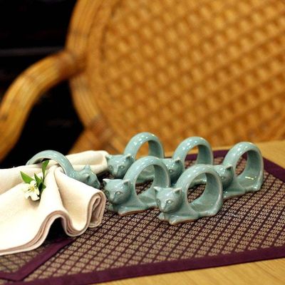 Alternate image for Celadon Ceramic Napkin Rings Set of 6 Siamese Cat