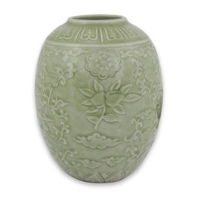 Alternate image for Green Floral Handcrafted Celadon Ceramic Vase from Thailand Green Plum Blossom
