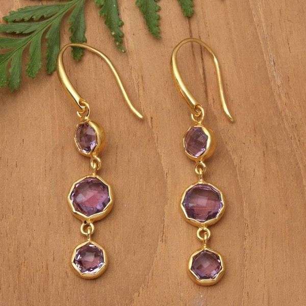 Alternate image for 18k Gold-Plated 6-Carat Faceted Amethyst Dangle Earrings Realm of Wisdom