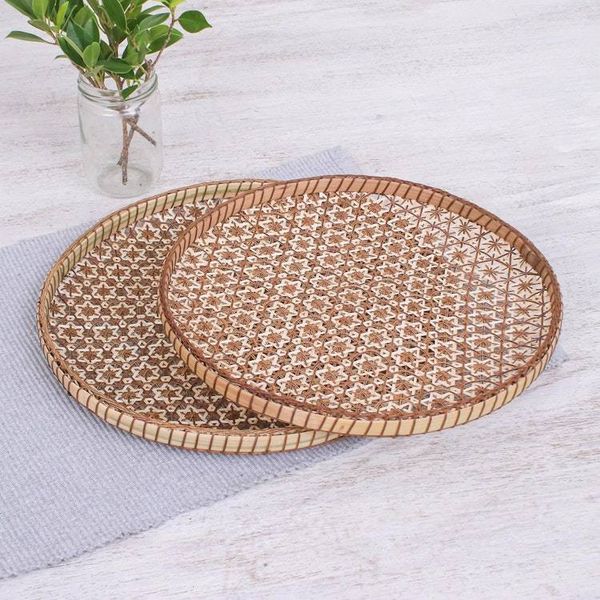 Alternate image for Set of 2 Handcrafted Woven Flower Motif Thai Rattan Trays Presenting Pikul