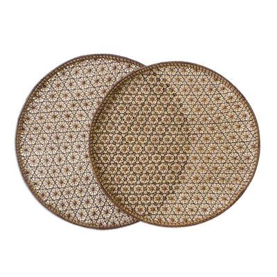 Alternate image for Set of 2 Handcrafted Woven Flower Motif Thai Rattan Trays Presenting Pikul