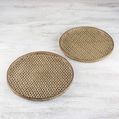 Alternate image for Set of 2 Handcrafted Woven Flower Motif Thai Rattan Trays Presenting Pikul