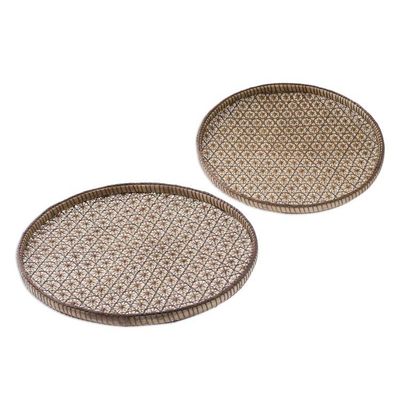 Alternate image for Set of 2 Handcrafted Woven Flower Motif Thai Rattan Trays Presenting Pikul