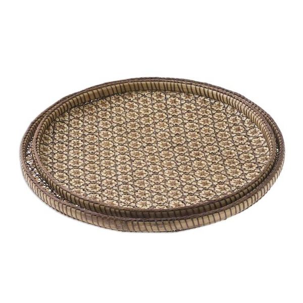 Alternate image for Set of 2 Handcrafted Woven Flower Motif Thai Rattan Trays Presenting Pikul