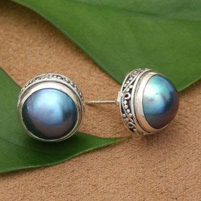 Primary image for Blue Cultured Mabe Pearl Sterling Silver Button Earrings Cloudy Moon
