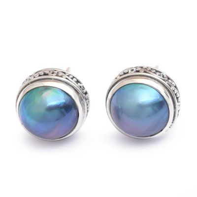 Alternate image for Blue Cultured Mabe Pearl Sterling Silver Button Earrings Cloudy Moon
