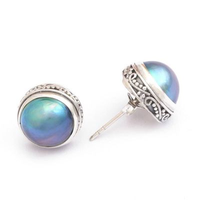 Alternate image for Blue Cultured Mabe Pearl Sterling Silver Button Earrings Cloudy Moon
