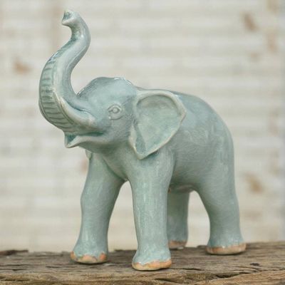 Alternate image for Light Blue Elephant Celadon Ceramic Statuette Happy Lucky Elephant