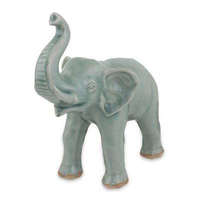 Alternate image for Light Blue Elephant Celadon Ceramic Statuette Happy Lucky Elephant