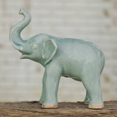 Alternate image for Light Blue Elephant Celadon Ceramic Statuette Happy Lucky Elephant